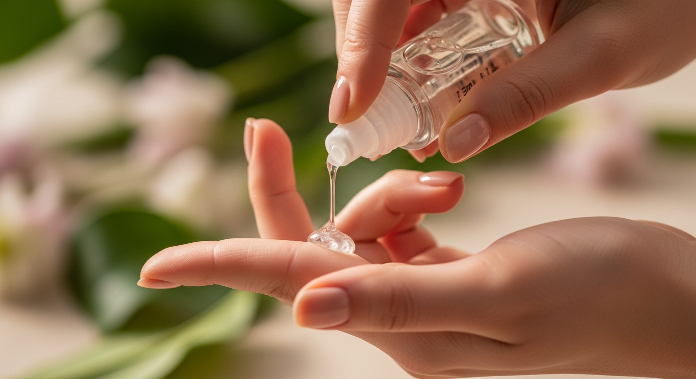 Applying wellness product from a small bottle, close-up