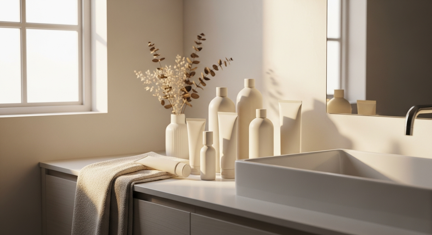 Serene bathroom vanity with minimalist personal care products