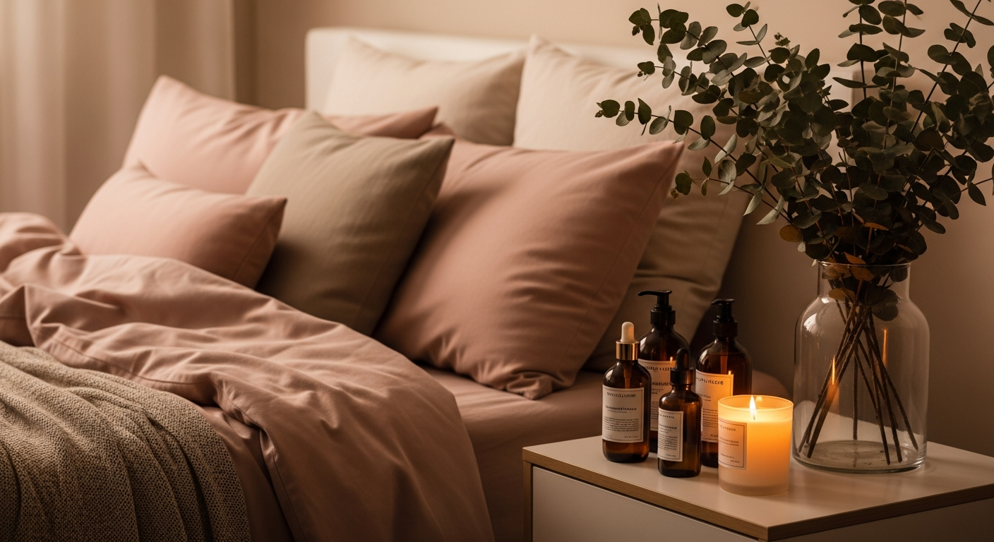 Cozy bedroom setting with personal care products and warm lighting
