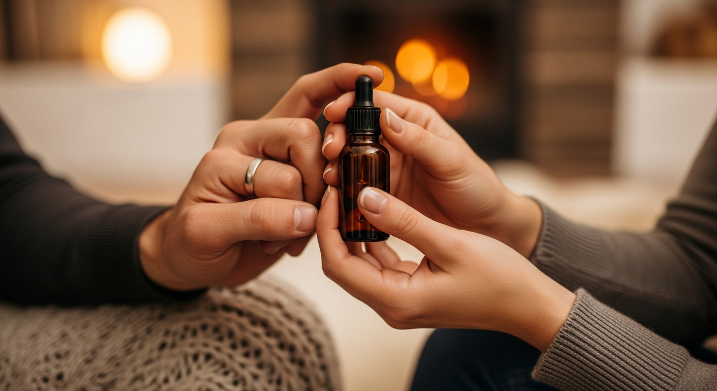 Couple sharing a wellness moment, hands holding a care bottle