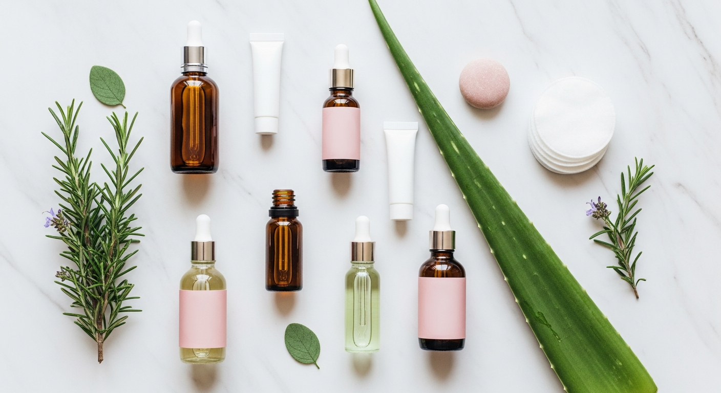 Natural wellness products arranged on marble with aloe vera and botanicals