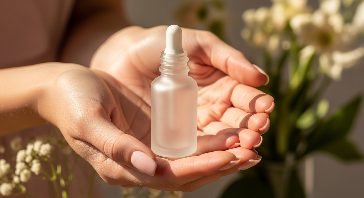 Hands gently holding a personal care wellness bottle with botanical background