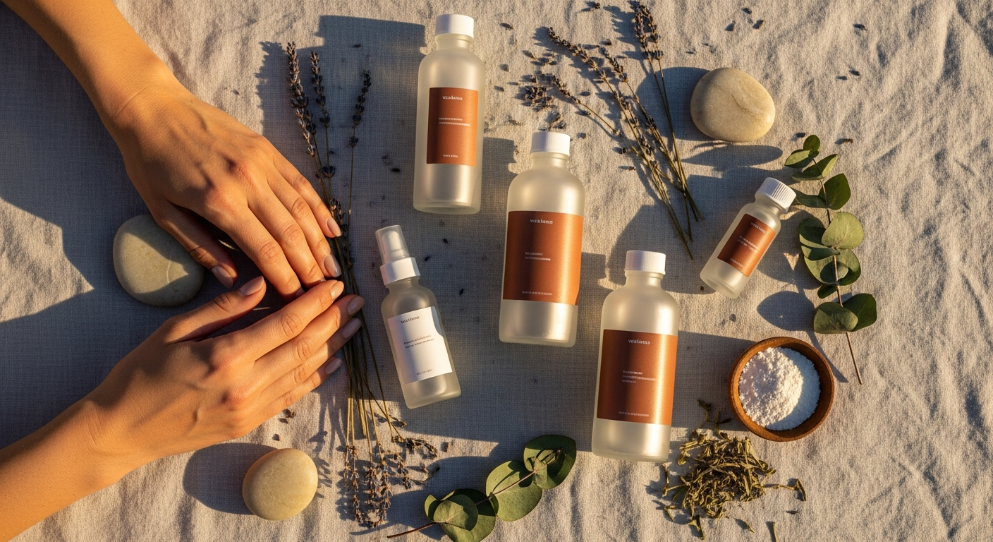 Wellness bottles and natural ingredients on soft linen with dried lavender