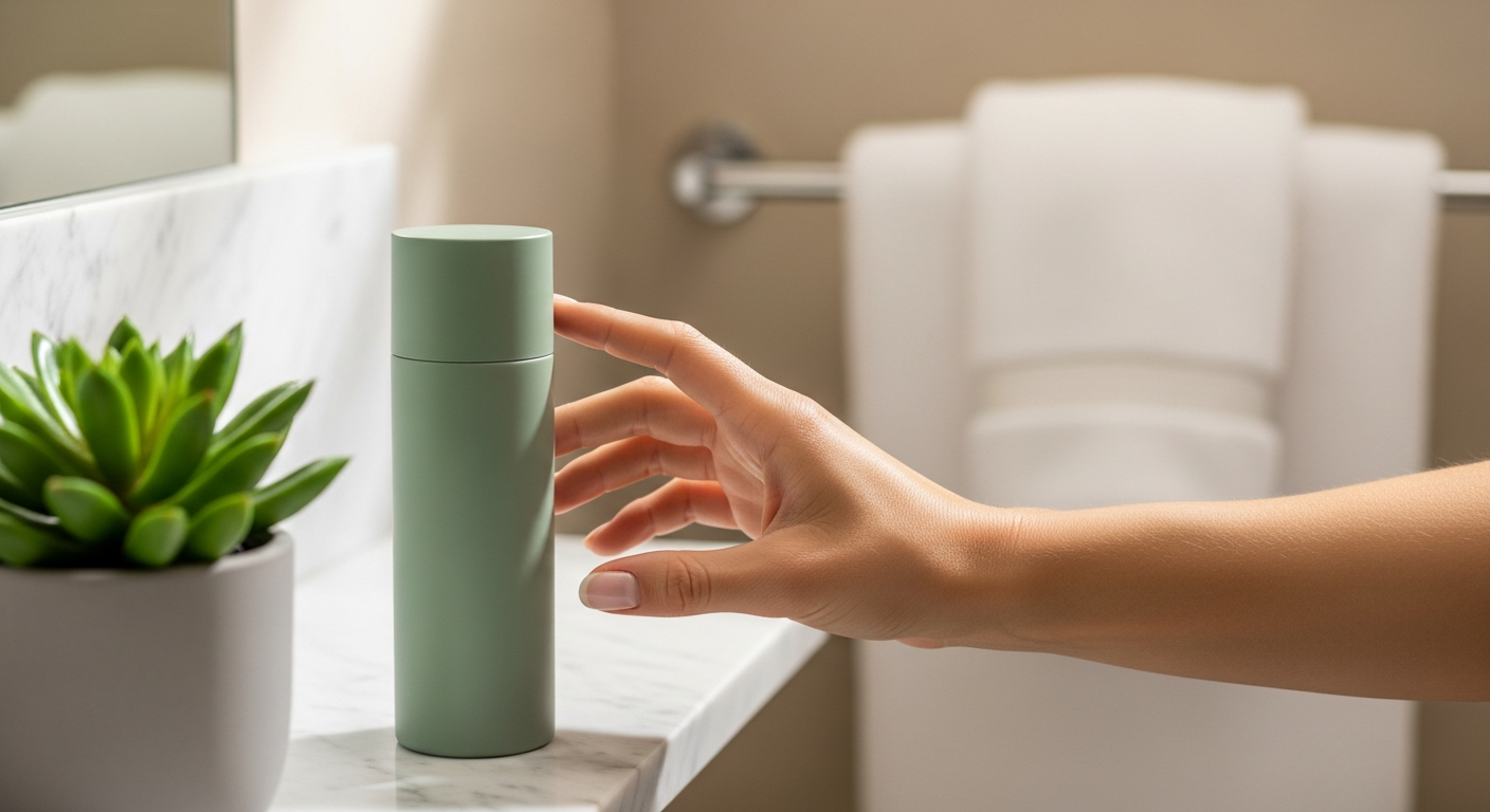 Hand reaching for personal care bottle on a marble bathroom shelf