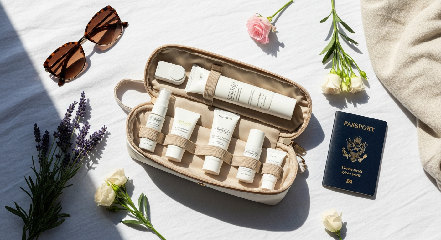 Travel wellness kit with small bottles in an open pouch